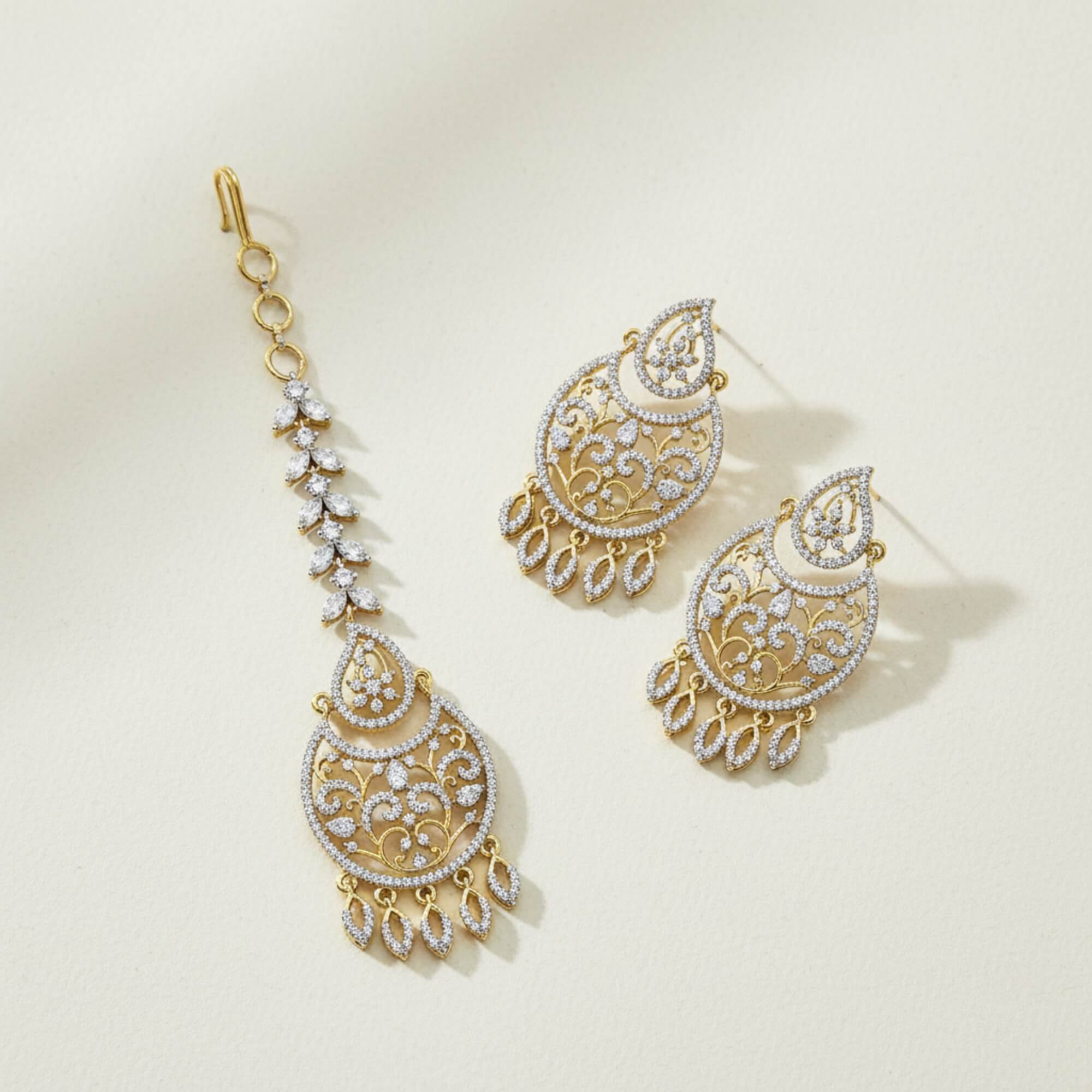 Cz Classic Earring Tikka With Mehndi 2 Tone Rhodium Plating