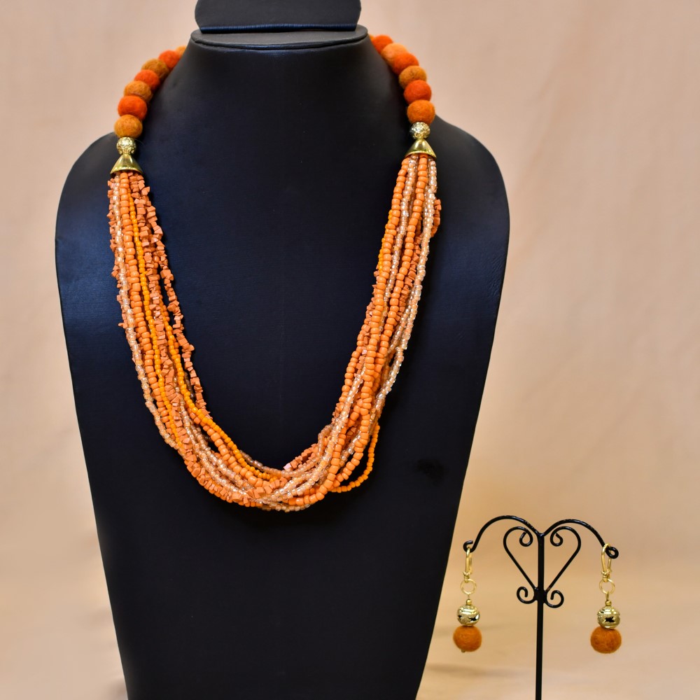 Western Orange Color Glass Seed Bead Necklace Set